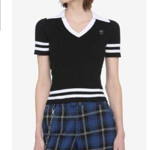 Hot Topic Black White Coffin RIP Collared Banded Polo Shirt Large